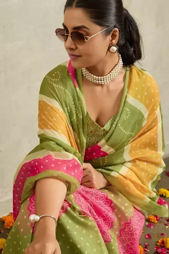 green bandhani handloom ready to wear saree