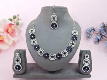 Blue color rhodium plating festive wear designer necklace set 1