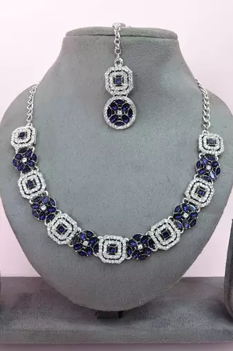Blue color rhodium plating festive wear designer necklace set