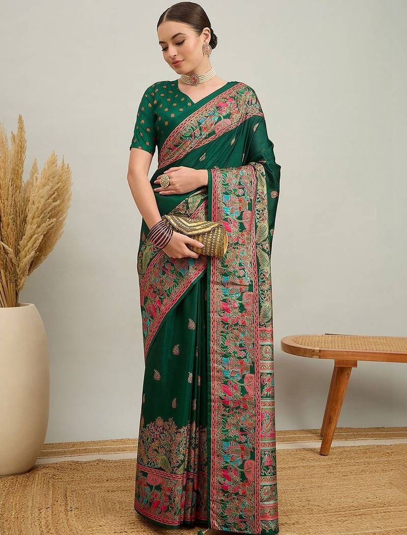 green ethnic motifs zari silk printing saree