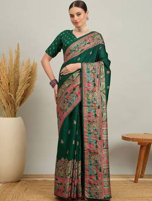 green ethnic motifs zari silk printing saree 2