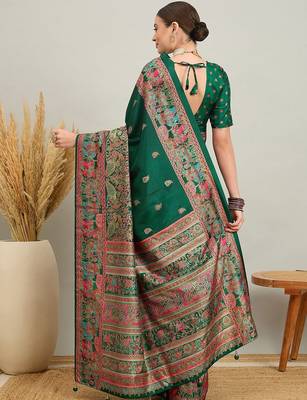 green ethnic motifs zari silk printing saree 3