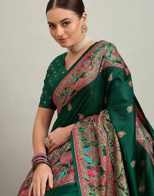 green ethnic motifs zari silk printing saree 4