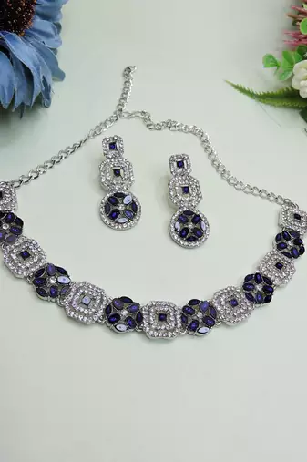 Blue color rhodium plating festive wear designer necklace set