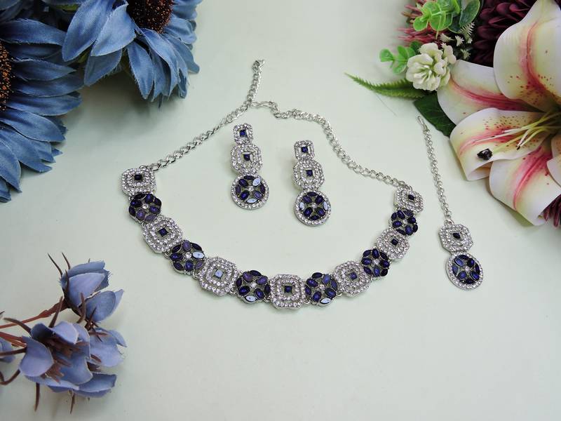 Blue color rhodium plating festive wear designer necklace set