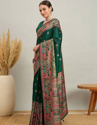 green ethnic motifs zari silk printing saree 5