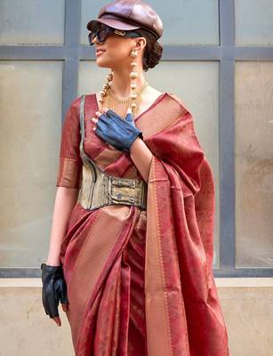 maroon ethnic motifs zari organza banarasi saree 1