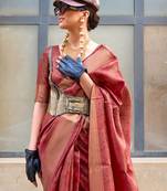 maroon ethnic motifs zari organza banarasi saree