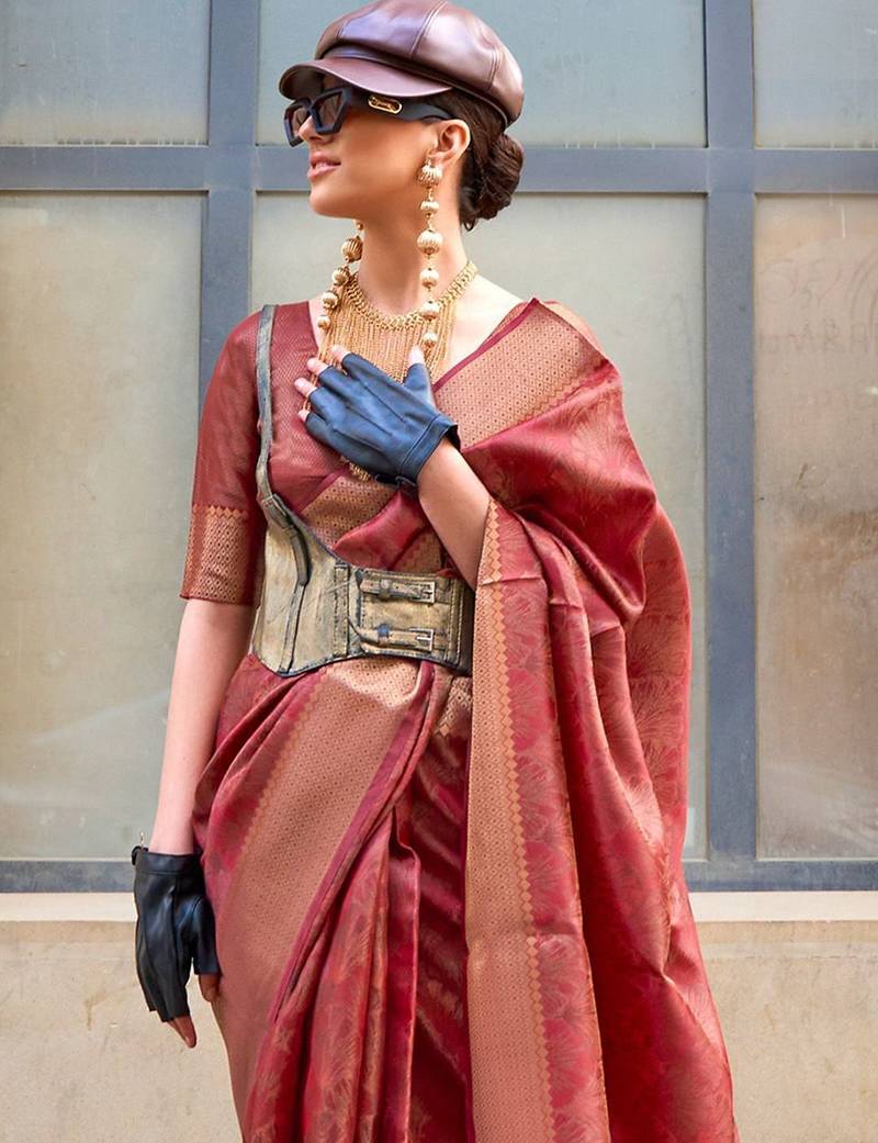 maroon ethnic motifs zari organza banarasi saree