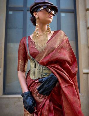 maroon ethnic motifs zari organza banarasi saree 3