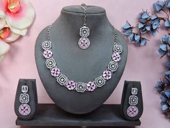 Pink color rhodium plating festive wear designer necklace set 1
