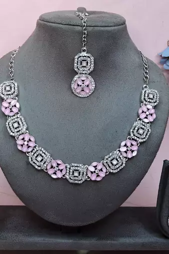 Pink color rhodium plating festive wear designer necklace set