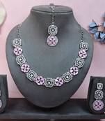 Pink color rhodium plating festive wear designer necklace set