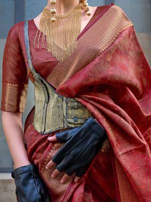 maroon ethnic motifs zari organza banarasi saree 4