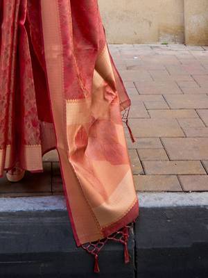 maroon ethnic motifs zari organza banarasi saree 5