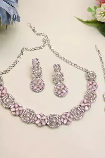 Pink color rhodium plating festive wear designer necklace set