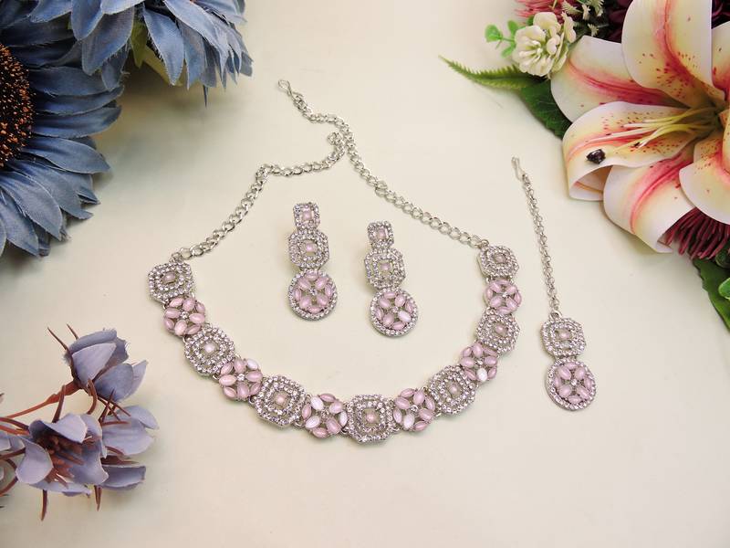 Pink color rhodium plating festive wear designer necklace set