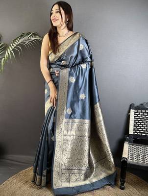 grey ethnic motifs zari silk cotton designer banarasi saree 1