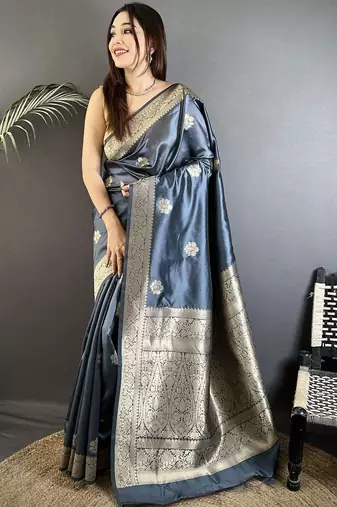 grey ethnic motifs zari silk cotton designer banarasi saree