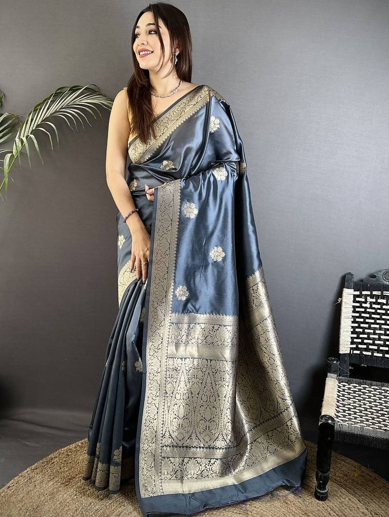 grey ethnic motifs zari silk cotton designer banarasi saree