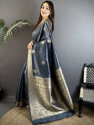 grey ethnic motifs zari silk cotton designer banarasi saree 3