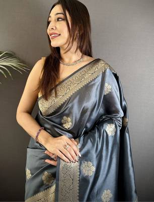 grey ethnic motifs zari silk cotton designer banarasi saree 4
