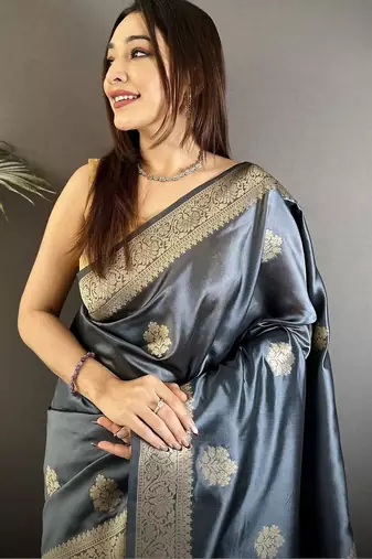grey ethnic motifs zari silk cotton designer banarasi saree