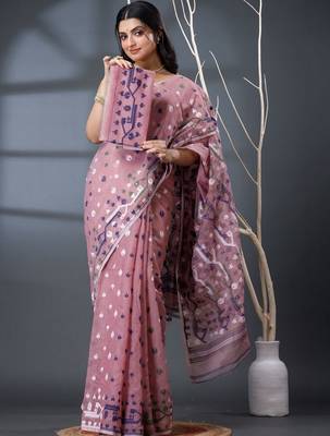 rose ethnic motifs silk cotton handloom jamdani saree 1
