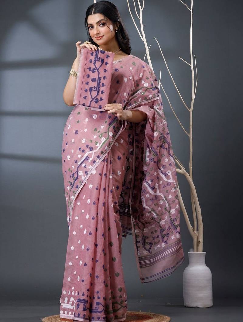 rose ethnic motifs silk cotton handloom jamdani saree