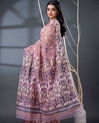 rose ethnic motifs silk cotton handloom jamdani saree 2