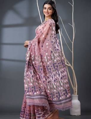rose ethnic motifs silk cotton handloom jamdani saree 5