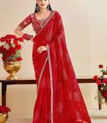 red bandhani embroidered poly georgette saree