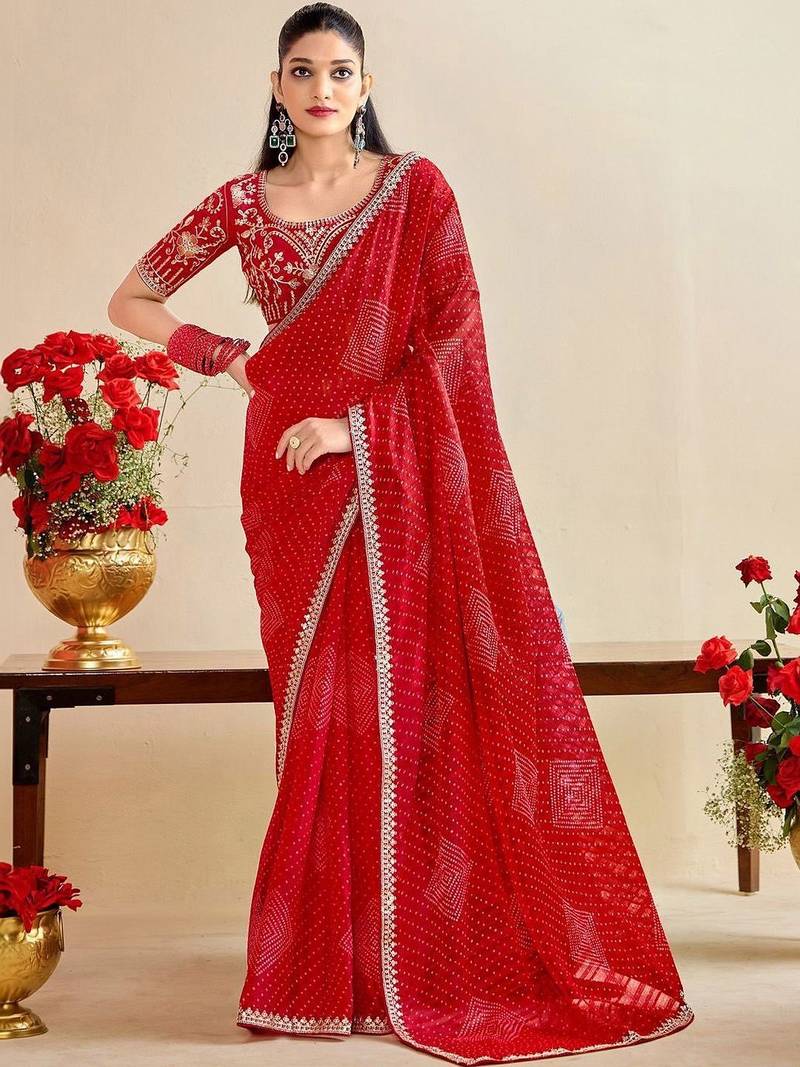 red bandhani embroidered poly georgette saree