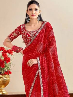 red bandhani embroidered poly georgette saree 2