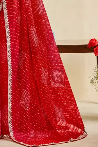 red bandhani embroidered poly georgette saree