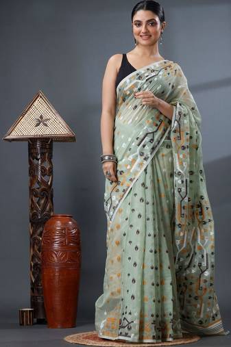 sea_green ethnic motifs silk cotton handloom jamdani saree