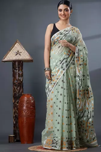 sea_green ethnic motifs silk cotton handloom jamdani saree