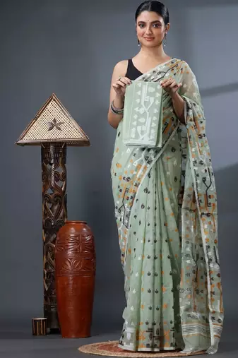 sea_green ethnic motifs silk cotton handloom jamdani saree