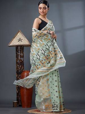 sea_green ethnic motifs silk cotton handloom jamdani saree 3