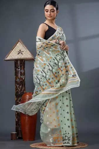 sea_green ethnic motifs silk cotton handloom jamdani saree