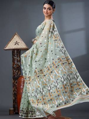 sea_green ethnic motifs silk cotton handloom jamdani saree 4