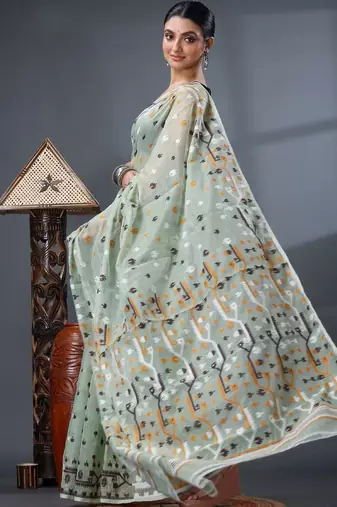 sea_green ethnic motifs silk cotton handloom jamdani saree