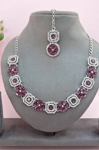 Purple color rhodium plating festive wear designer necklace set