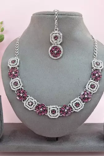 Purple color rhodium plating festive wear designer necklace set