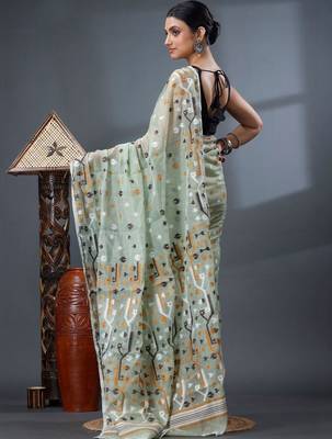 sea_green ethnic motifs silk cotton handloom jamdani saree 5