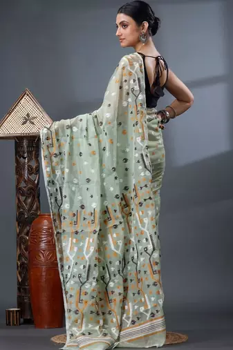 sea_green ethnic motifs silk cotton handloom jamdani saree