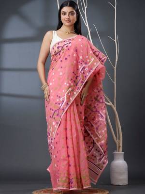 pink ethnic motifs silk cotton handloom jamdani saree 1