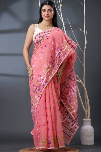 pink ethnic motifs silk cotton handloom jamdani saree