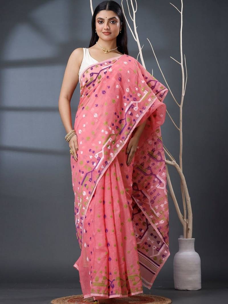 pink ethnic motifs silk cotton handloom jamdani saree