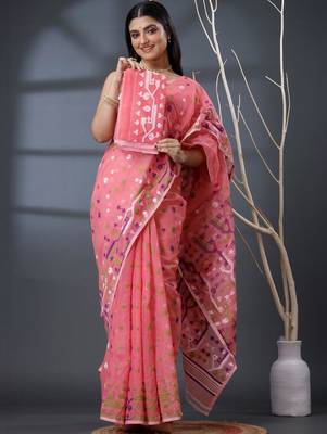pink ethnic motifs silk cotton handloom jamdani saree 2